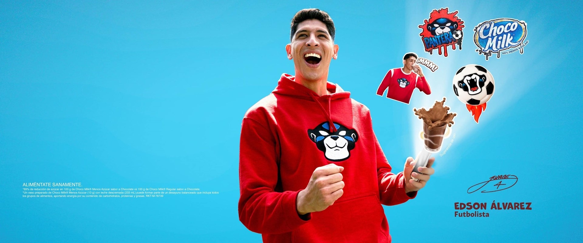 Campaña de Choco Milk con Edson Álvarez y stickers promocionales.